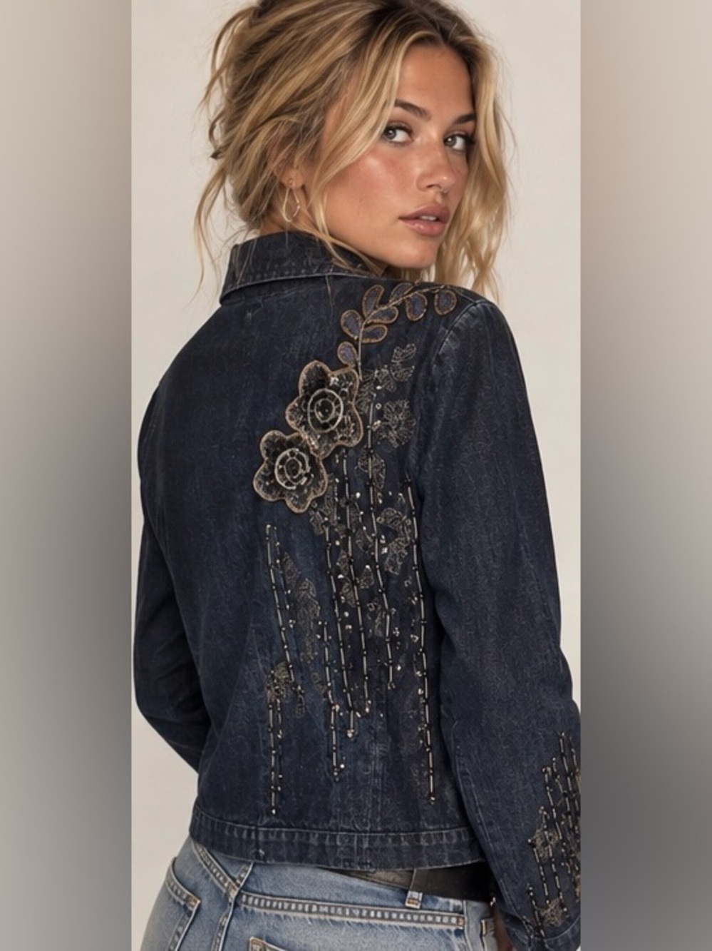 Vintage Y2K Chico’s Blue Denim Jacket M Beaded Embroidered Floral Boho Statement